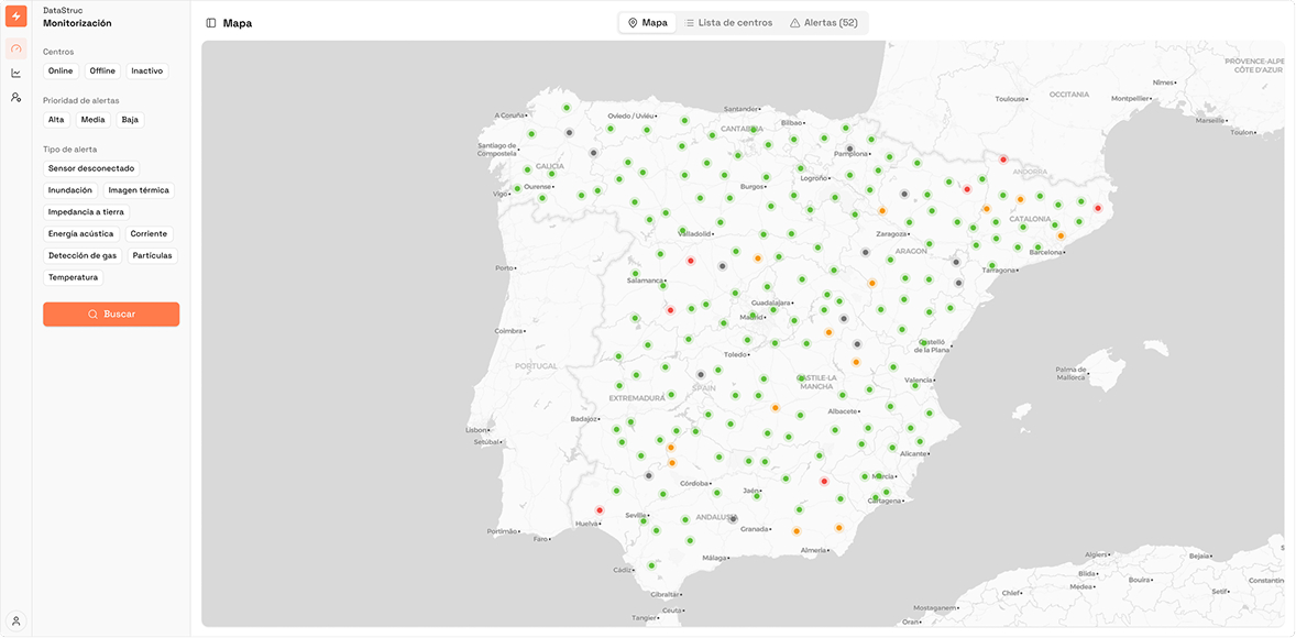 Vista del mapa de monitorizaci�n de centros de transformaci�n en Espa�a