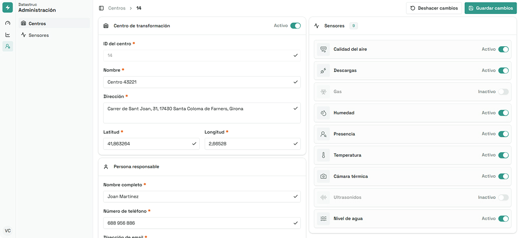Panel de administraci�n mostrando configuraci�n de sensores